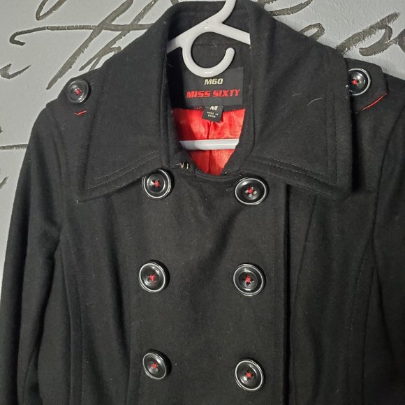 Miss Sixty Black Wool Double Breasted Pea Coat, M - Picture 6 of 9